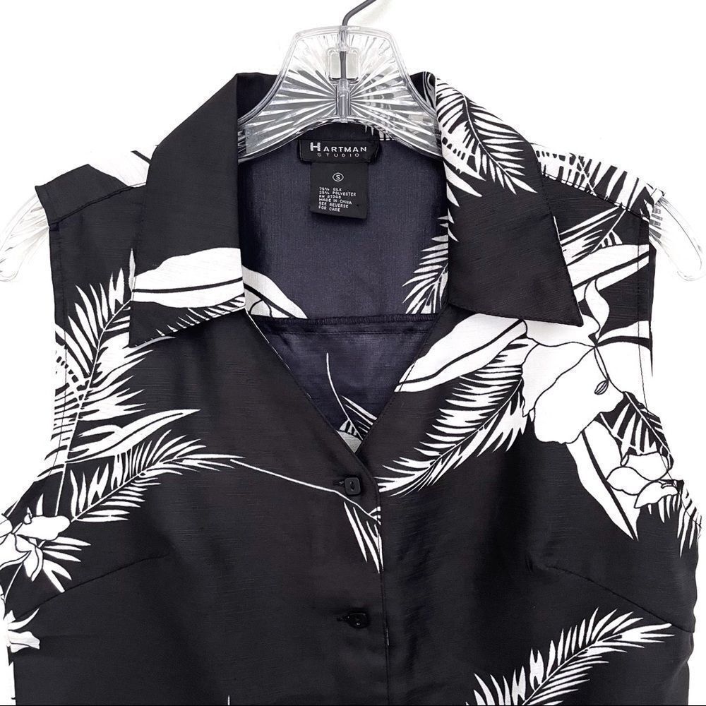 Hartman Studio Tropical Print Silk Blend Sleeveless Button Down Black Size Small - Picture 2 of 5